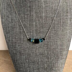 Hand Crafted Beaded Pendant Necklace Blue+Black OS